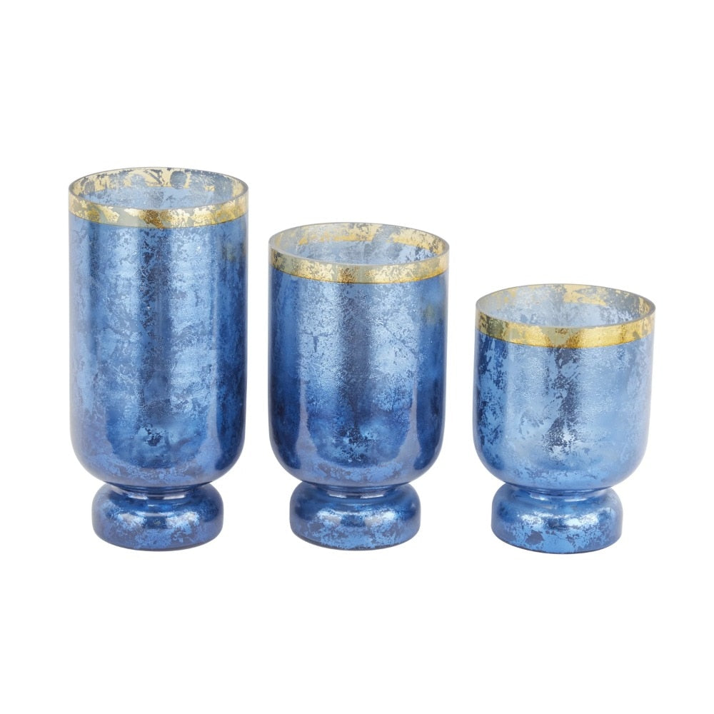 3-Slot Blue Glass Pillar Hurricane Lamp with Gold Interior - wonderfulandamazingstuff