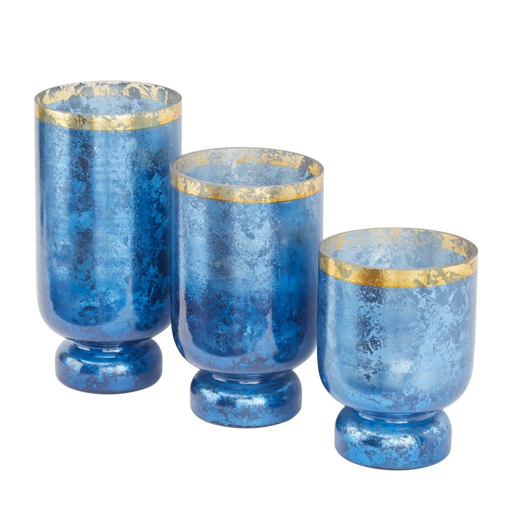 3-Slot Blue Glass Pillar Hurricane Lamp with Gold Interior - wonderfulandamazingstuff