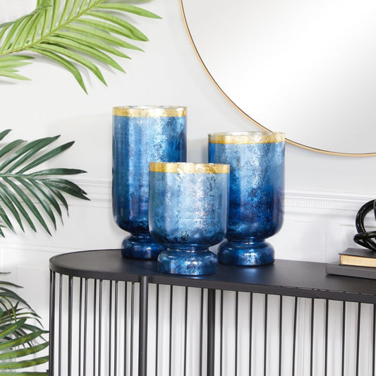 3-Slot Blue Glass Pillar Hurricane Lamp with Gold Interior - wonderfulandamazingstuff